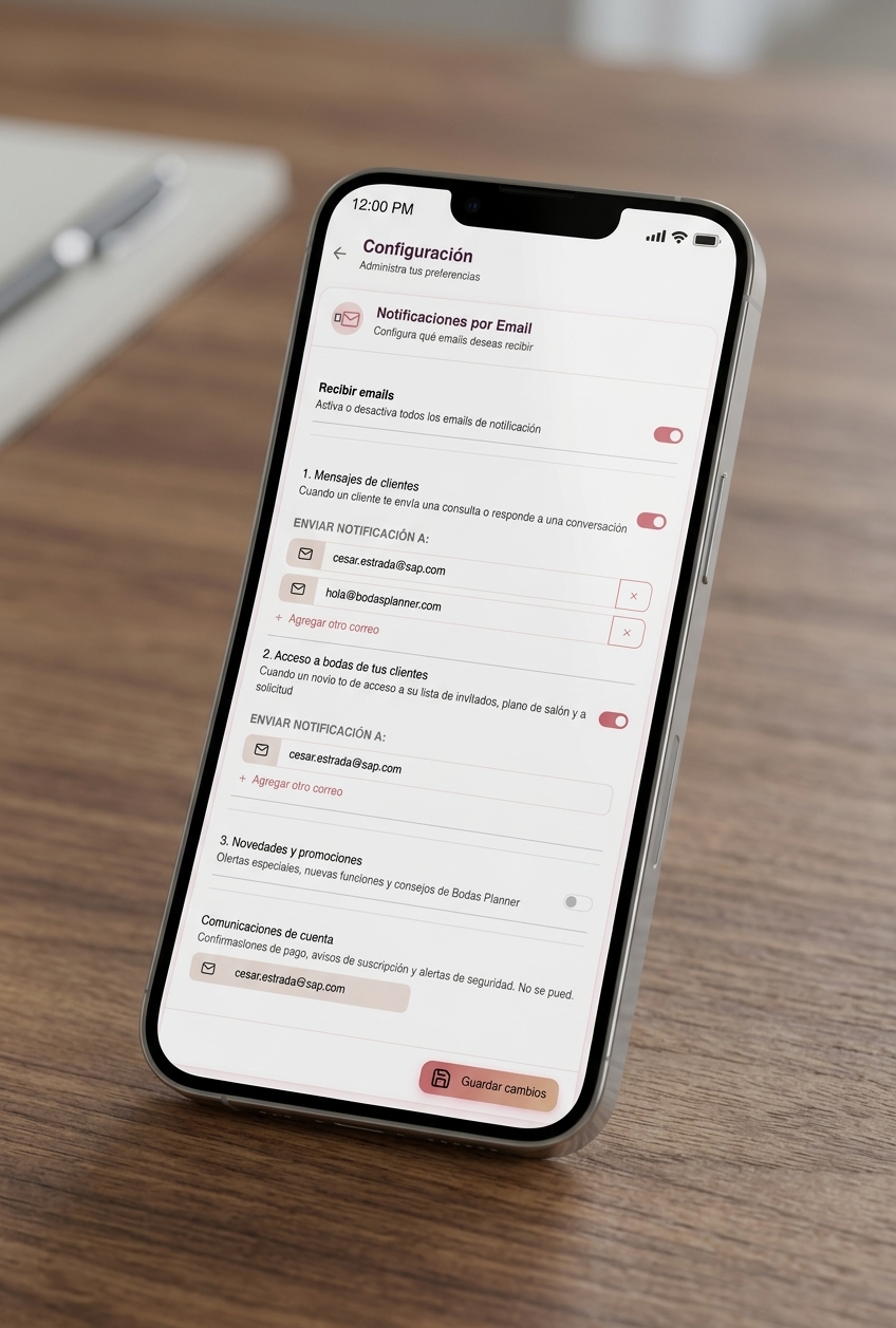 Notificaciones por email — Bodas Planner